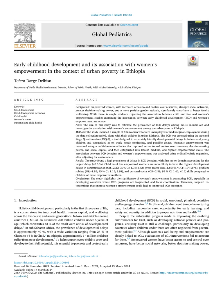 Early childhood development and its association with women’s empowerment in the context of urban poverty in Ethiopia